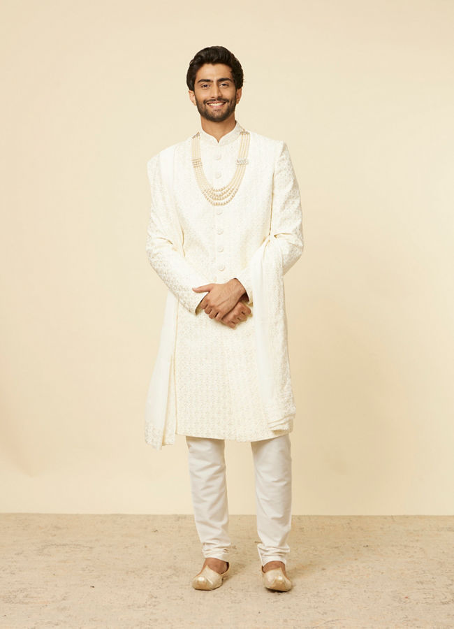 alt message - Manyavar Men Warm White Sequined Sherwani Set image number 2